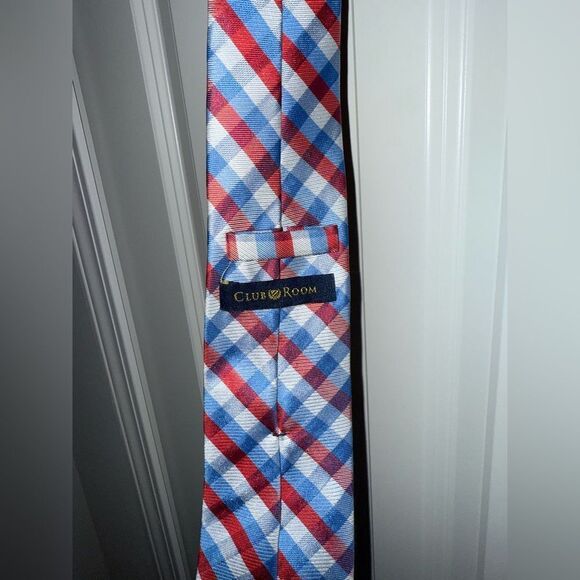 Men’s Club Room Plaid Red White and Blue Tie - Picture 4 of 5